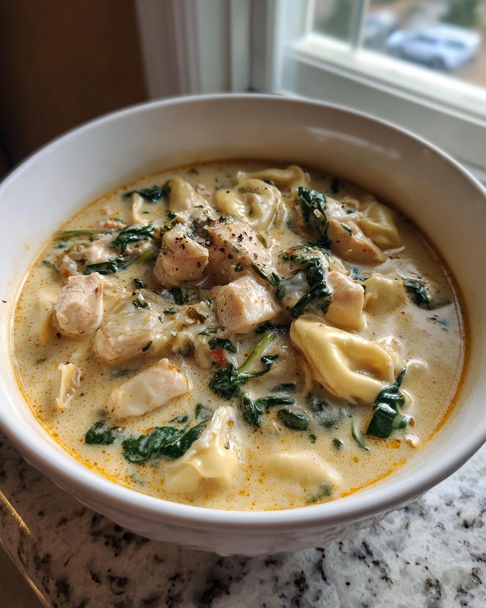 Close-up of a white bowl filled with creamy chicken tortellini soup, featuring chunks of chicken and wilted spinach.
