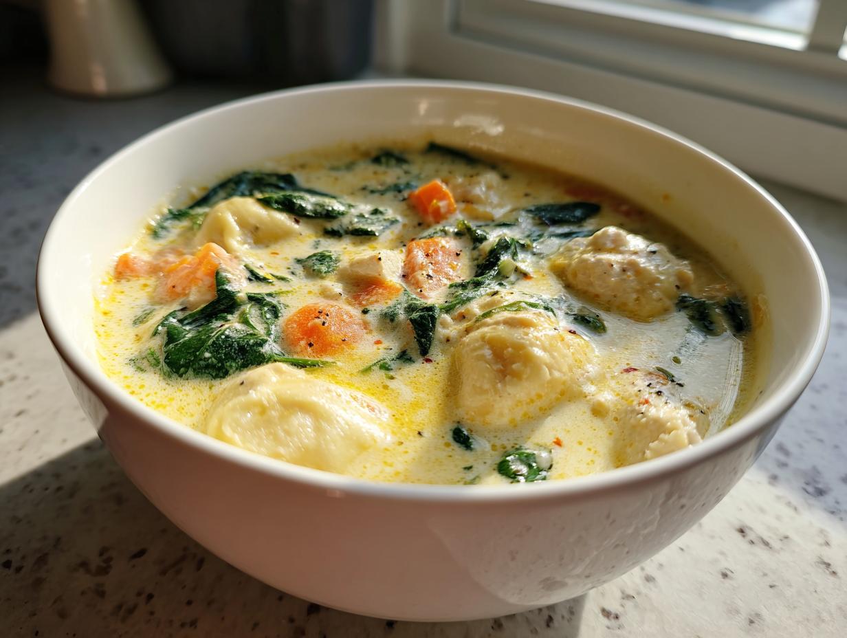 A close-up of a white bowl filled with creamy chicken tortellini soup, featuring spinach and carrots.