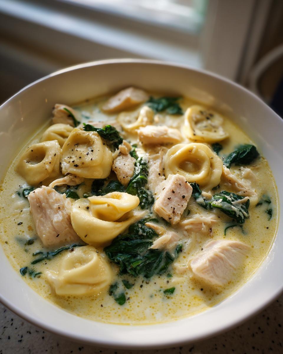 Close-up of a white bowl filled with creamy chicken tortellini soup, featuring chunks of chicken and wilted spinach.