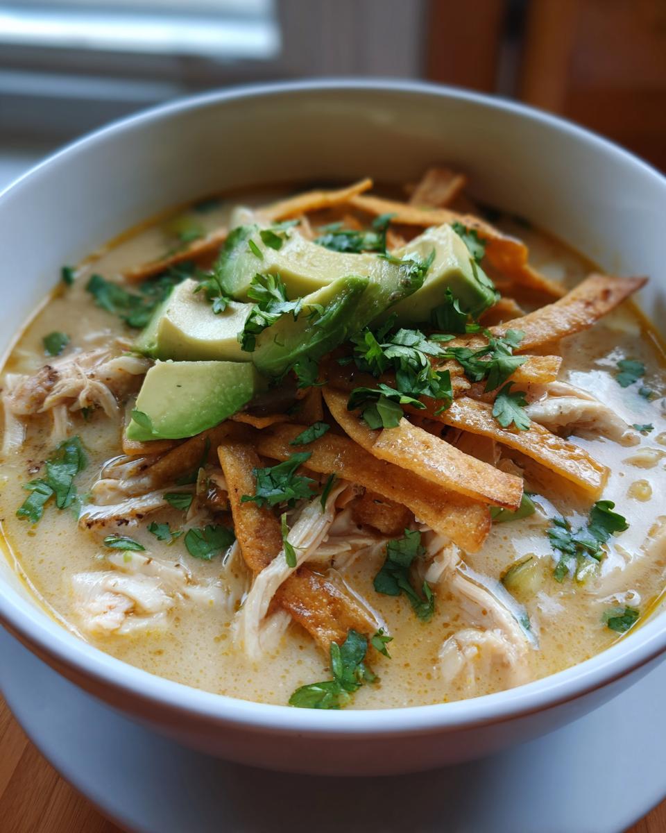 Close-up of creamy chicken tortilla soup topped with shredded chicken, crispy tortilla strips, avocado slices, and cilantro.
