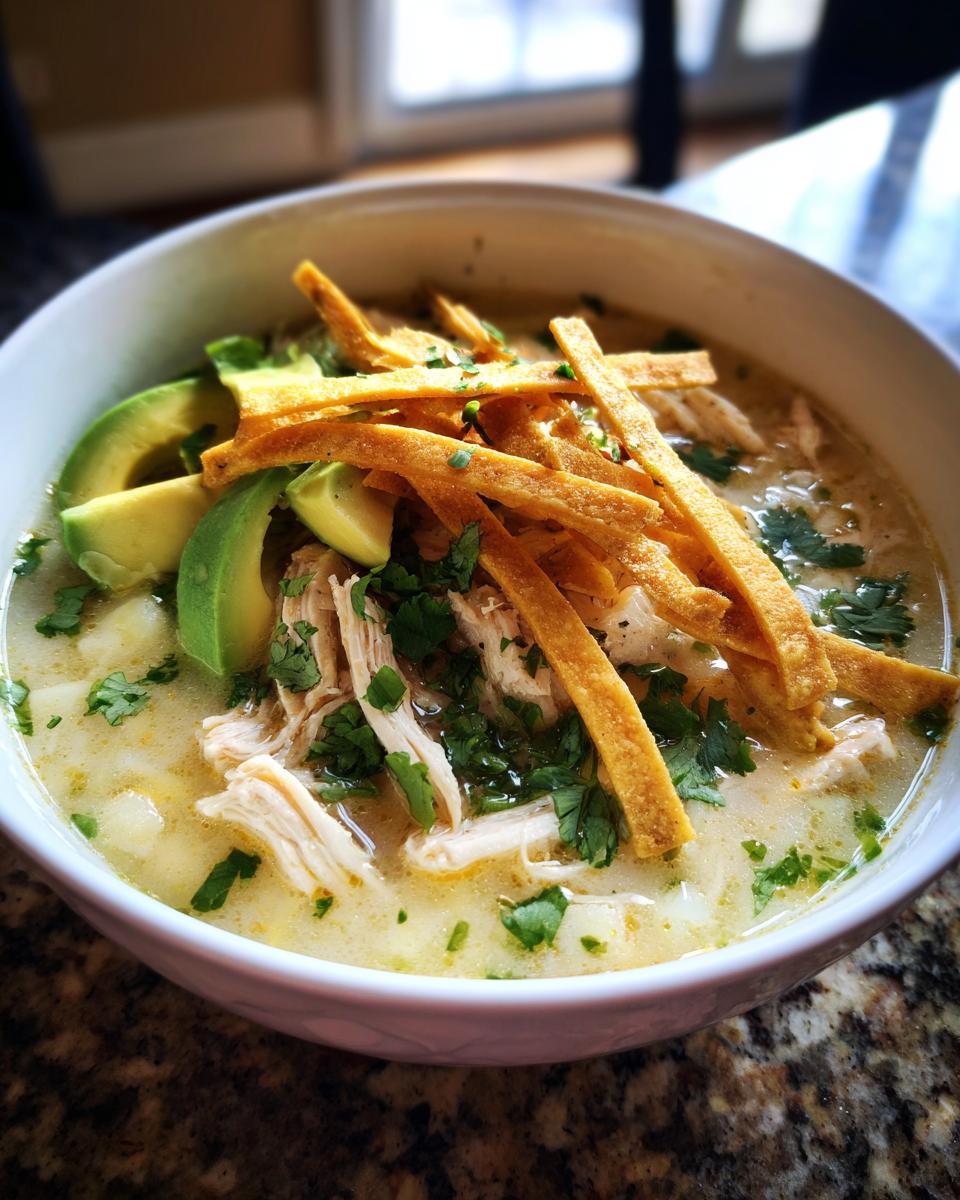 A close-up of creamy chicken tortilla soup topped with shredded chicken, avocado slices, cilantro, and crispy tortilla strips.