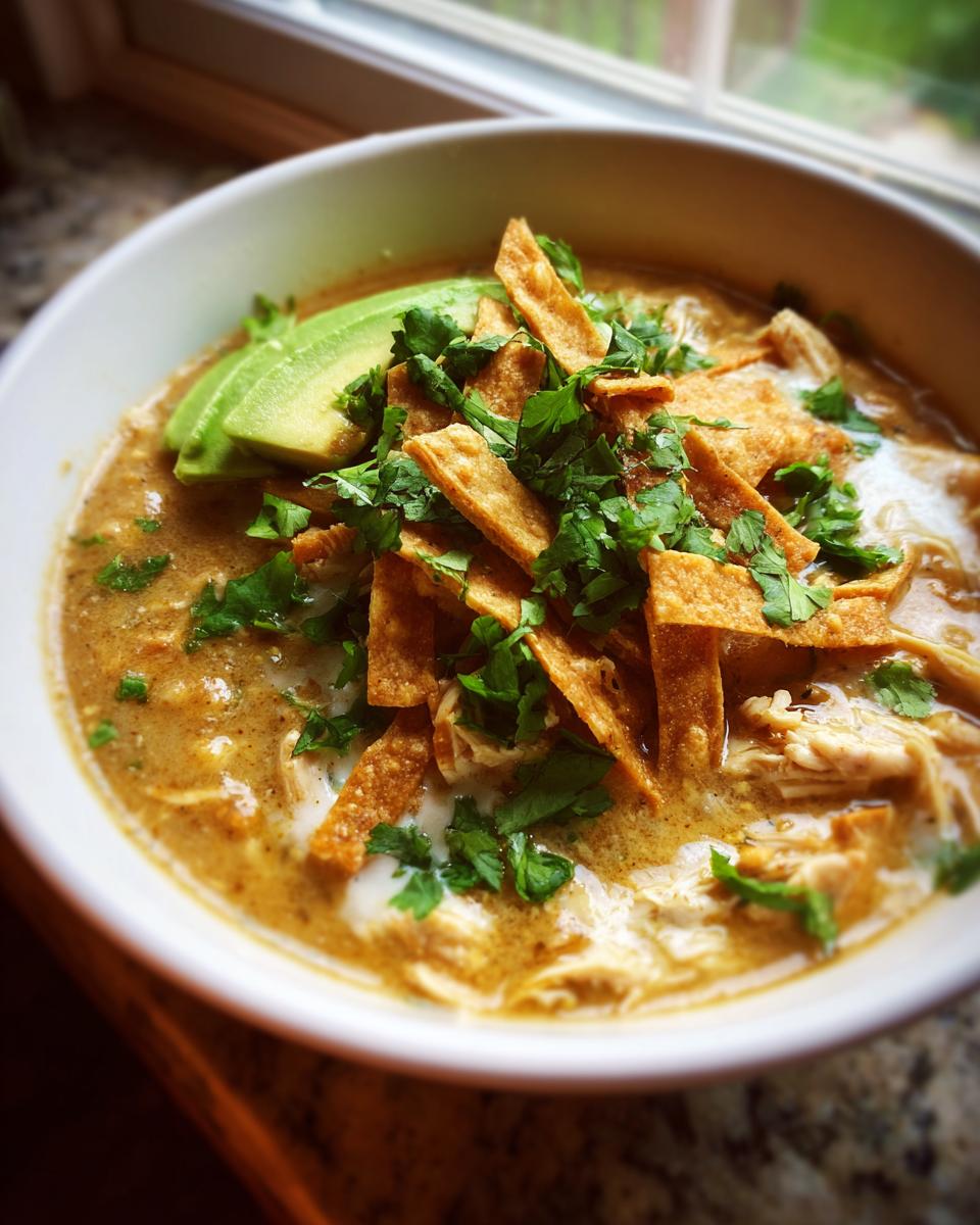 Close-up of a bowl of creamy chicken tortilla soup garnished with crispy tortilla strips, fresh cilantro, and avocado slices.