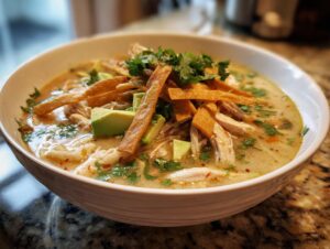 Close-up of creamy chicken tortilla soup topped with avocado, cilantro, and crispy tortilla strips.
