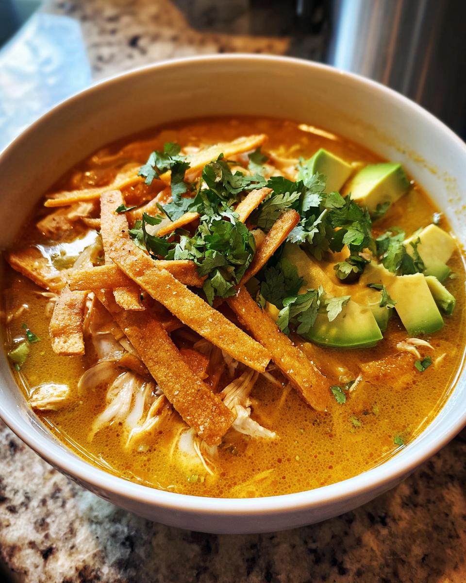 Close-up of a bowl of creamy chicken tortilla soup topped with crispy tortilla strips, avocado slices, and cilantro.