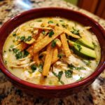 Close-up of creamy chicken tortilla soup topped with crispy tortilla strips, avocado, and cilantro.