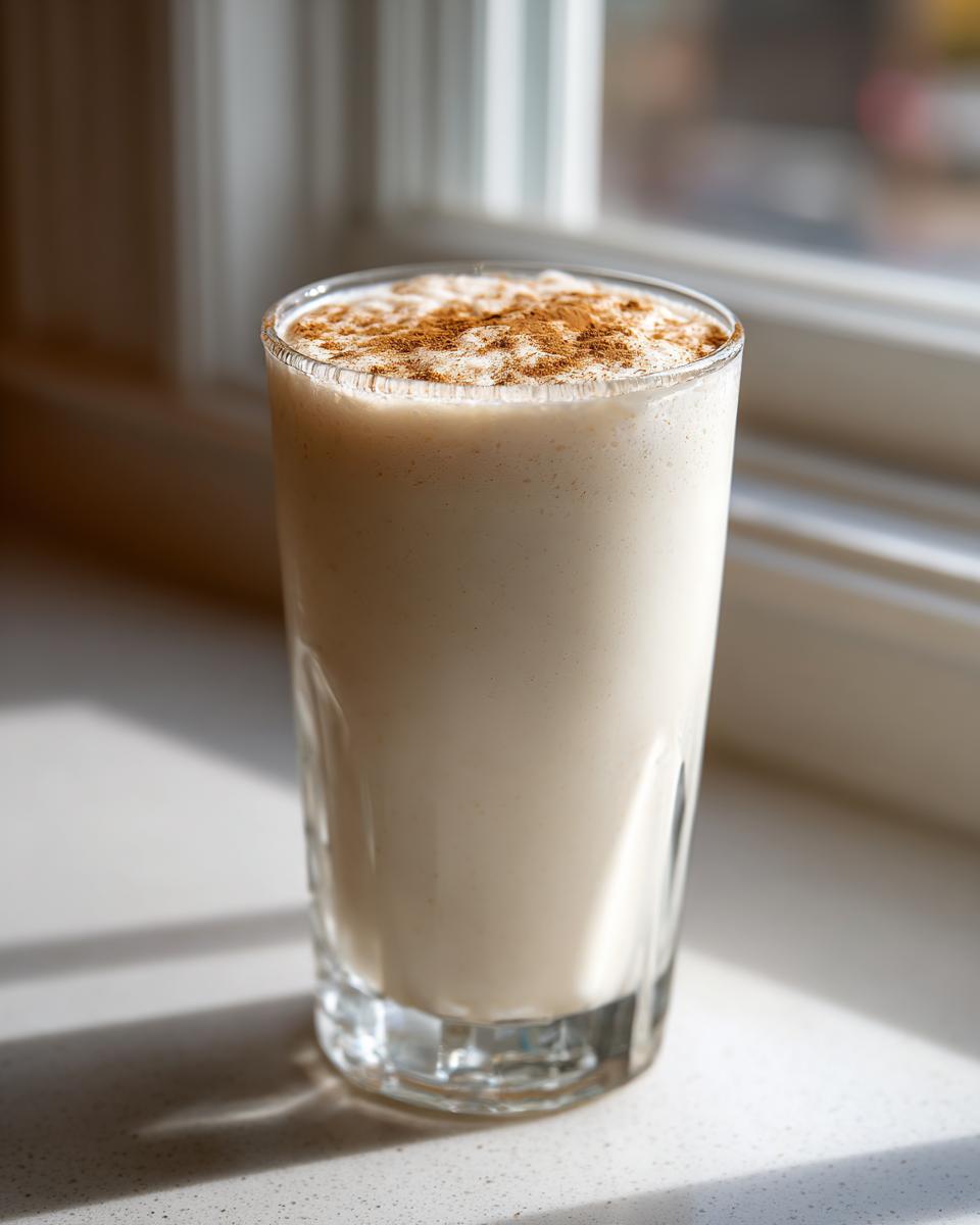 A tall glass filled with creamy coquito, garnished with a dusting of cinnamon on top, sitting by a window.