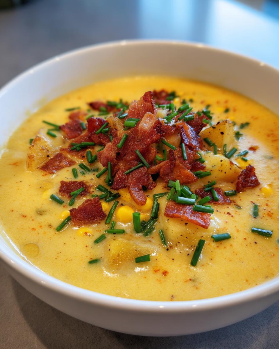 Close-up of a bowl of rich, yellow creamy corn chowder topped with crispy bacon bits and fresh chives.