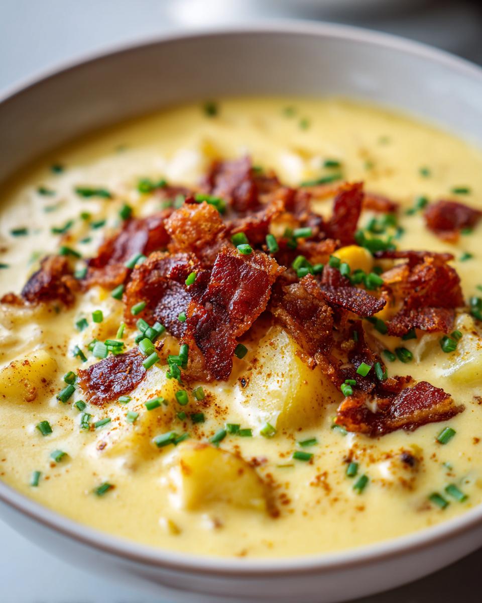 A close-up view of a bowl of rich, creamy corn chowder topped generously with crispy bacon bits and fresh chives.