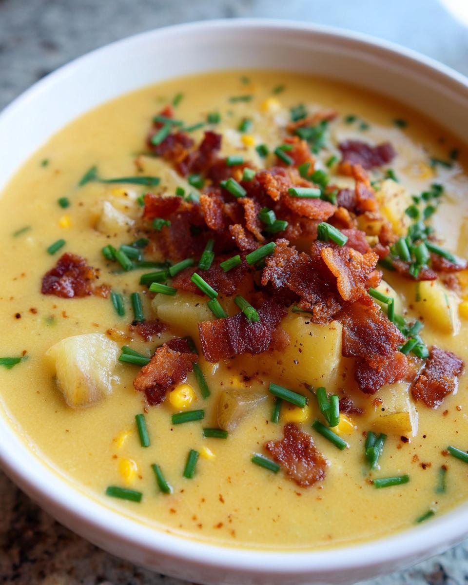 Close-up of a bowl of creamy corn chowder, loaded with potatoes, corn, bacon bits, and fresh chives.