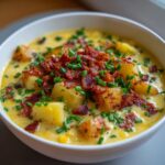 Close-up of a bowl of creamy corn chowder loaded with potato chunks, crispy bacon, and fresh chives.