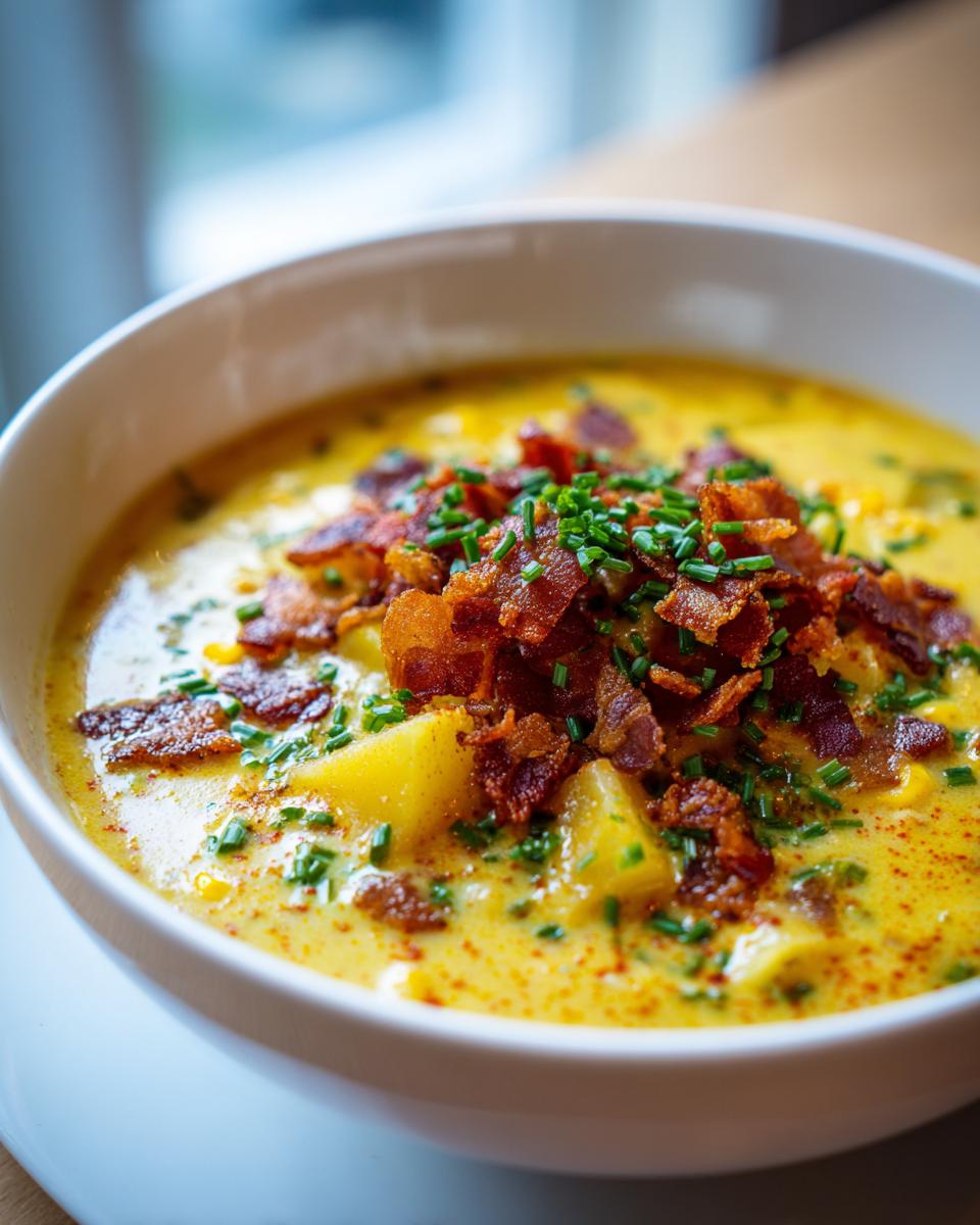 Close-up of a bowl of rich, yellow creamy corn chowder topped generously with crispy bacon bits and fresh chopped chives.