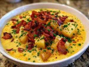 Close-up of a bowl of rich creamy corn chowder with chunks of potato, topped with crispy bacon bits and fresh chives.