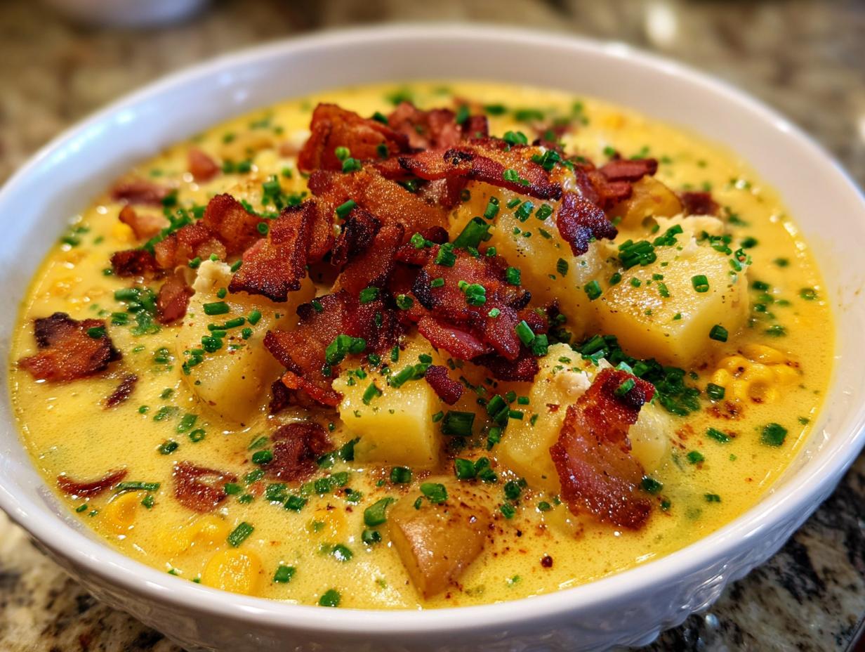 Close-up of a bowl of rich creamy corn chowder with chunks of potato, topped with crispy bacon bits and fresh chives.