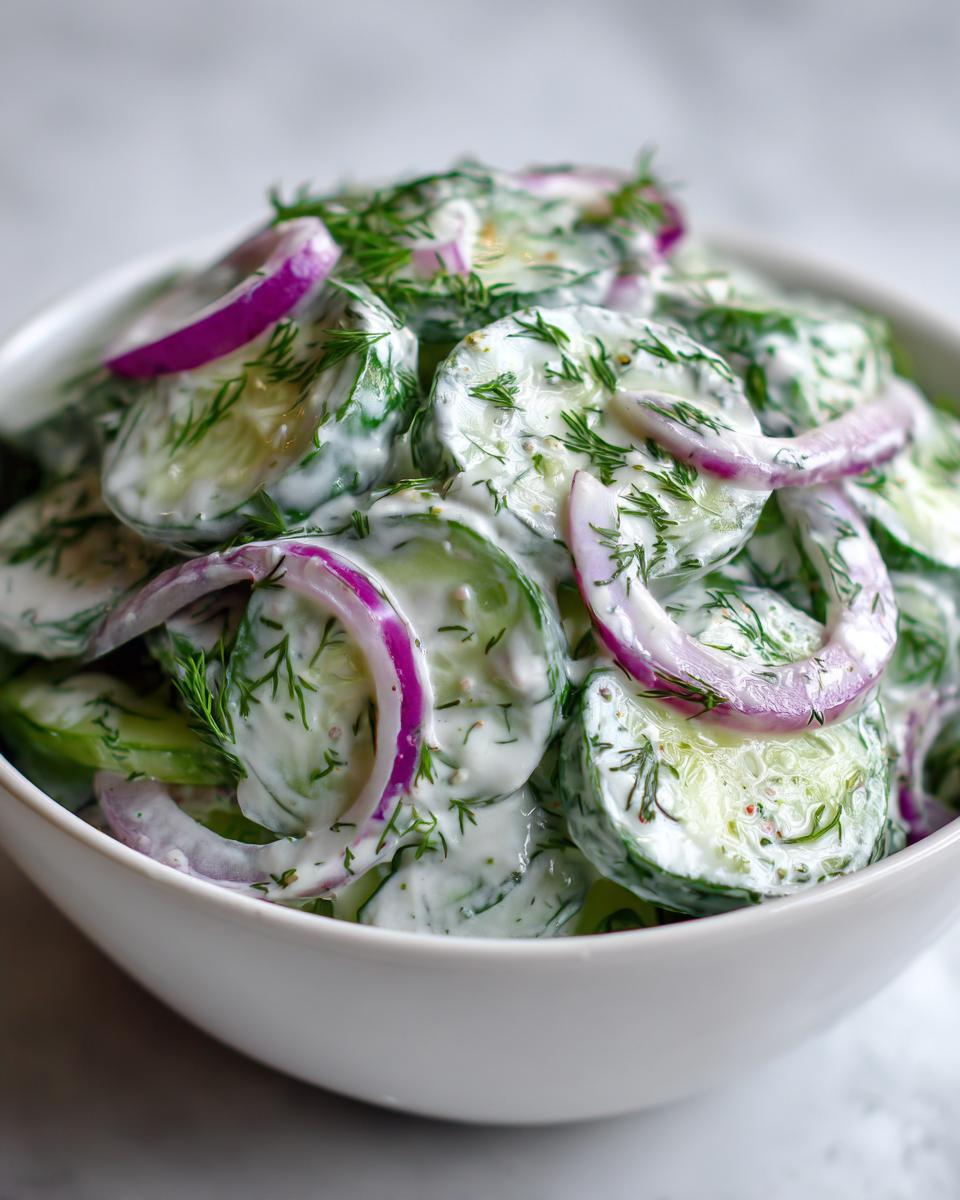 Close-up of a white bowl filled with creamy cucumber salad, featuring sliced cucumbers, red onion rings, and fresh dill.