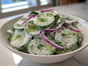 Close-up of creamy cucumber salad featuring sliced cucumbers, red onion rings, and fresh dill in a white bowl.