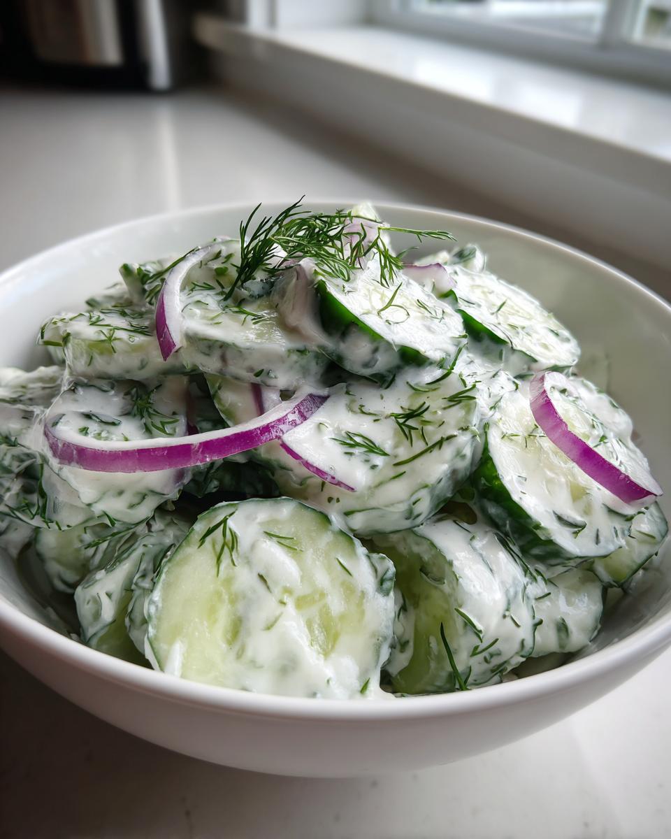 A white bowl filled with slices of creamy cucumber salad, garnished with fresh dill and red onion rings.