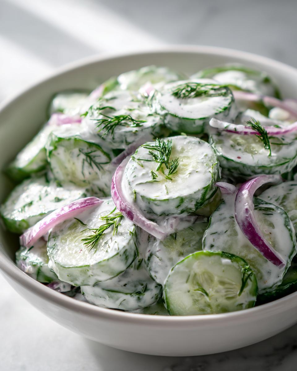 Close-up of sliced cucumbers coated in a white creamy dressing, garnished with red onion and fresh dill in a white bowl, showcasing creamy cucumber salad.