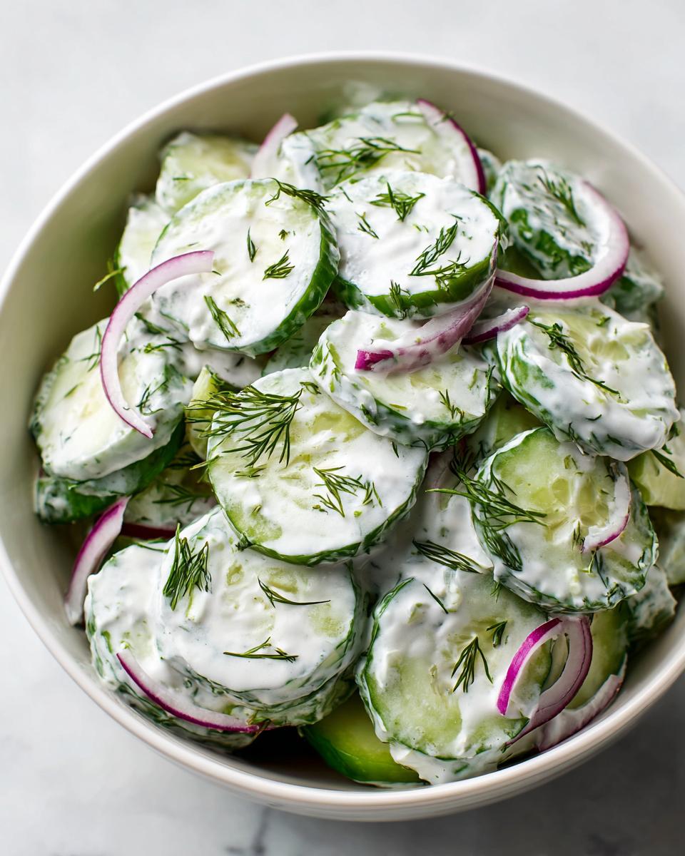 Close-up of sliced cucumbers coated in a white dressing, garnished with fresh dill and red onion slices, making a creamy cucumber salad.