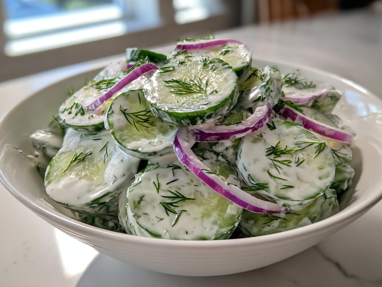 Close-up of creamy cucumber salad featuring sliced cucumbers, red onion rings, and fresh dill in a white bowl.
