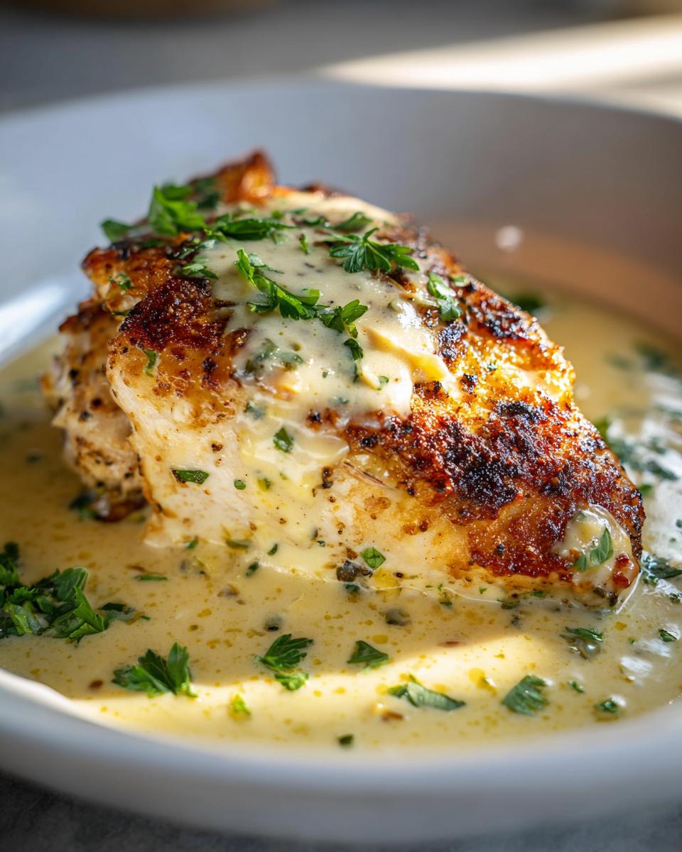 Close-up of a seared chicken breast smothered in creamy garlic sauce and fresh parsley.