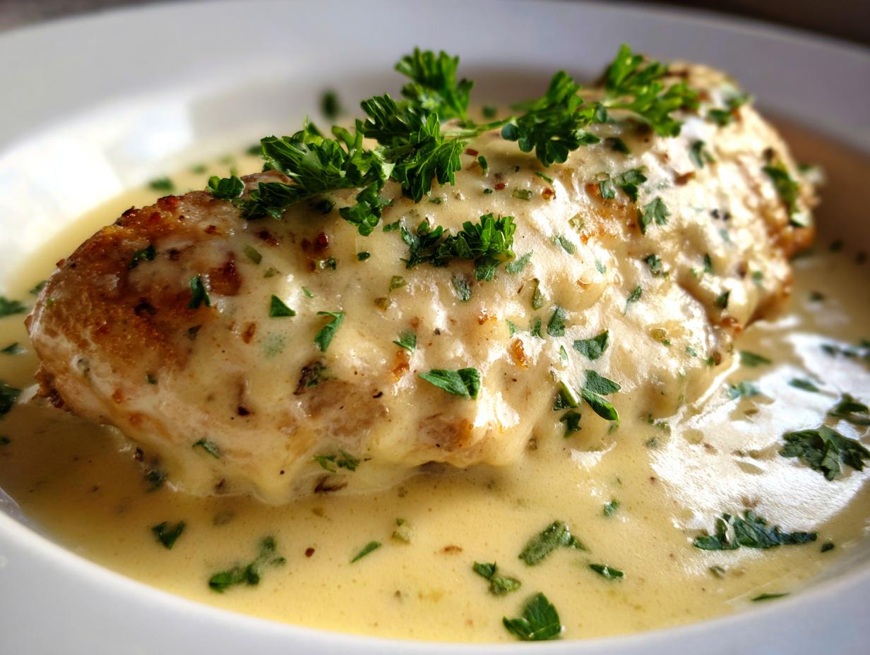 Close-up of a pan-seared chicken breast smothered in a rich, creamy garlic sauce and topped with fresh parsley.