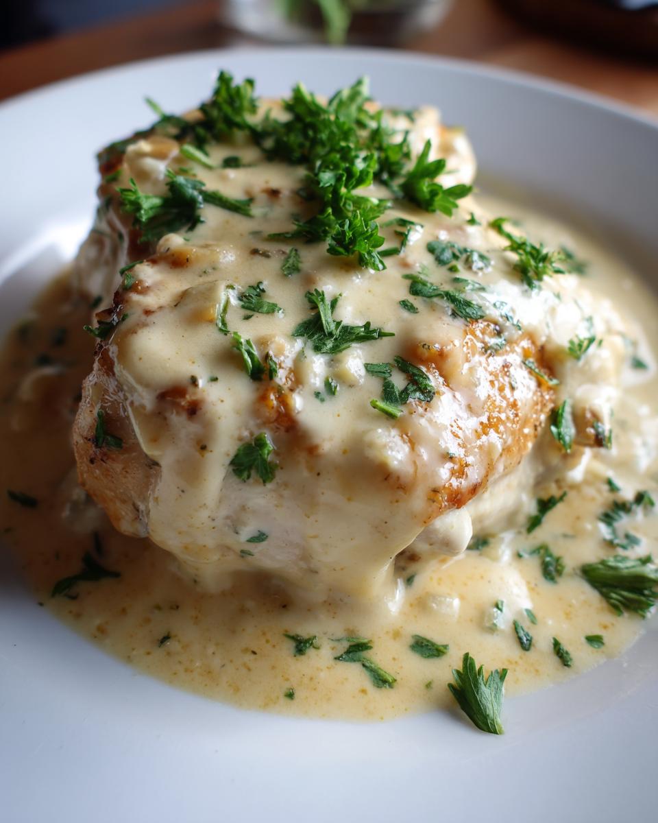 Close-up of a seared chicken breast smothered in creamy garlic sauce and topped with fresh parsley.
