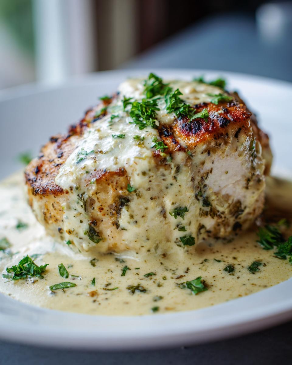 Close-up of a seared chicken breast smothered in rich creamy garlic sauce and topped with fresh parsley.