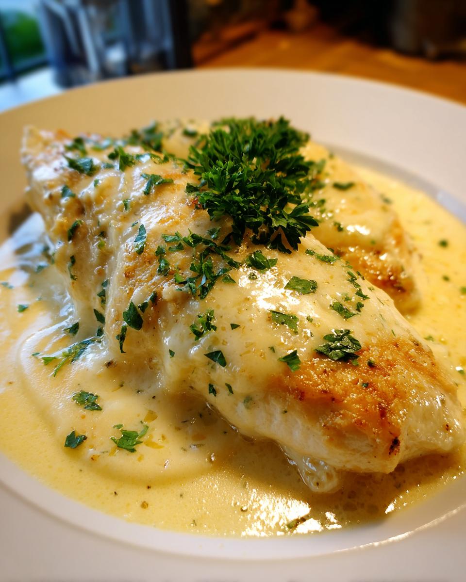 Two pan-seared chicken breasts smothered in a rich creamy garlic sauce and topped with fresh parsley.