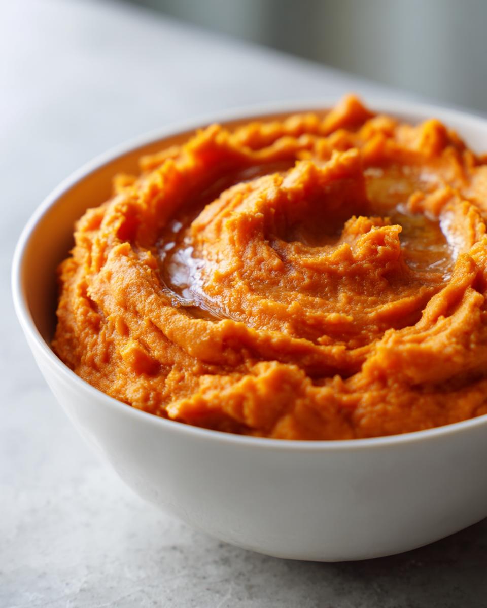 Close-up of a white bowl filled with bright orange, creamy mashed sweet potatoes topped with melted butter.