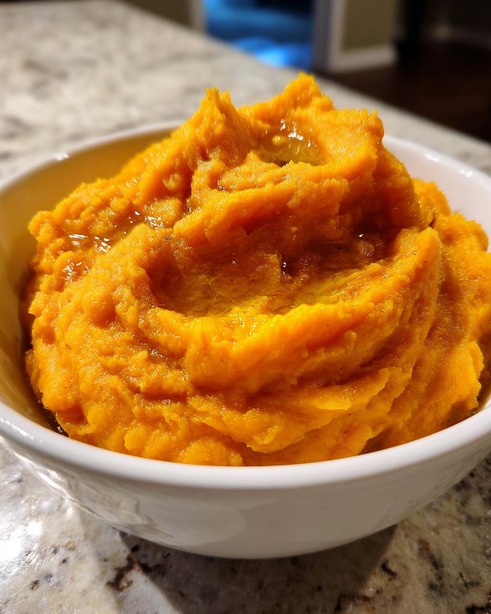A close-up view of creamy, bright orange mashed sweet potatoes topped with melted butter in a white serving bowl.