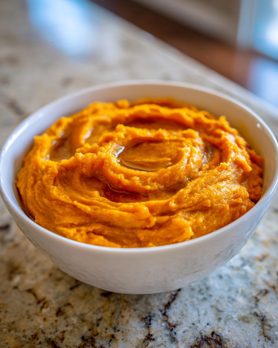 Close-up of creamy, bright orange mashed sweet potatoes in a white bowl, topped with melted butter.