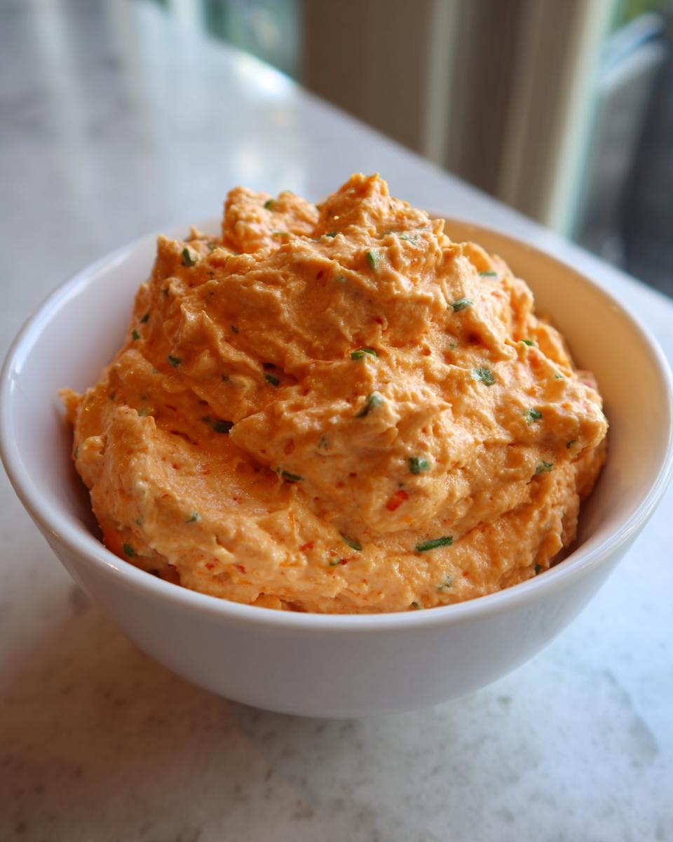 A close-up of thick, orange boat dip, speckled with green herbs, served in a white bowl.