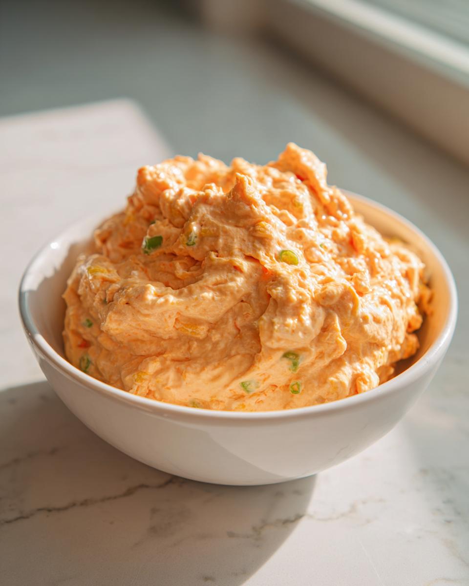 A close-up of a thick, creamy orange boat dip mixture with visible green onion pieces in a white bowl.