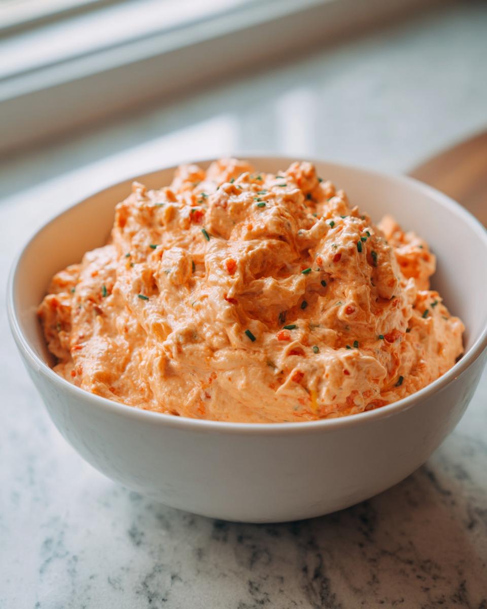 A close-up of thick, creamy, orange-colored boat dip topped with chives in a white bowl.