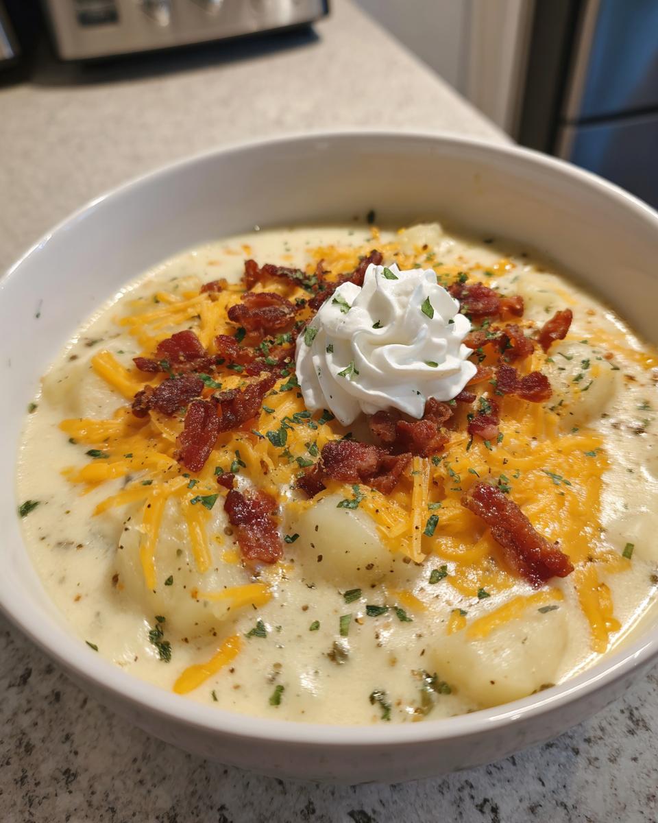 A close-up of a bowl of creamy potato soup topped with shredded cheddar, bacon bits, and sour cream.