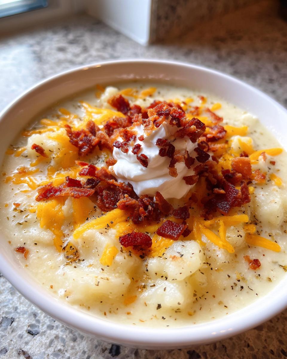 A close-up of a bowl of thick, creamy potato soup topped with shredded cheddar, bacon bits, and a dollop of sour cream.