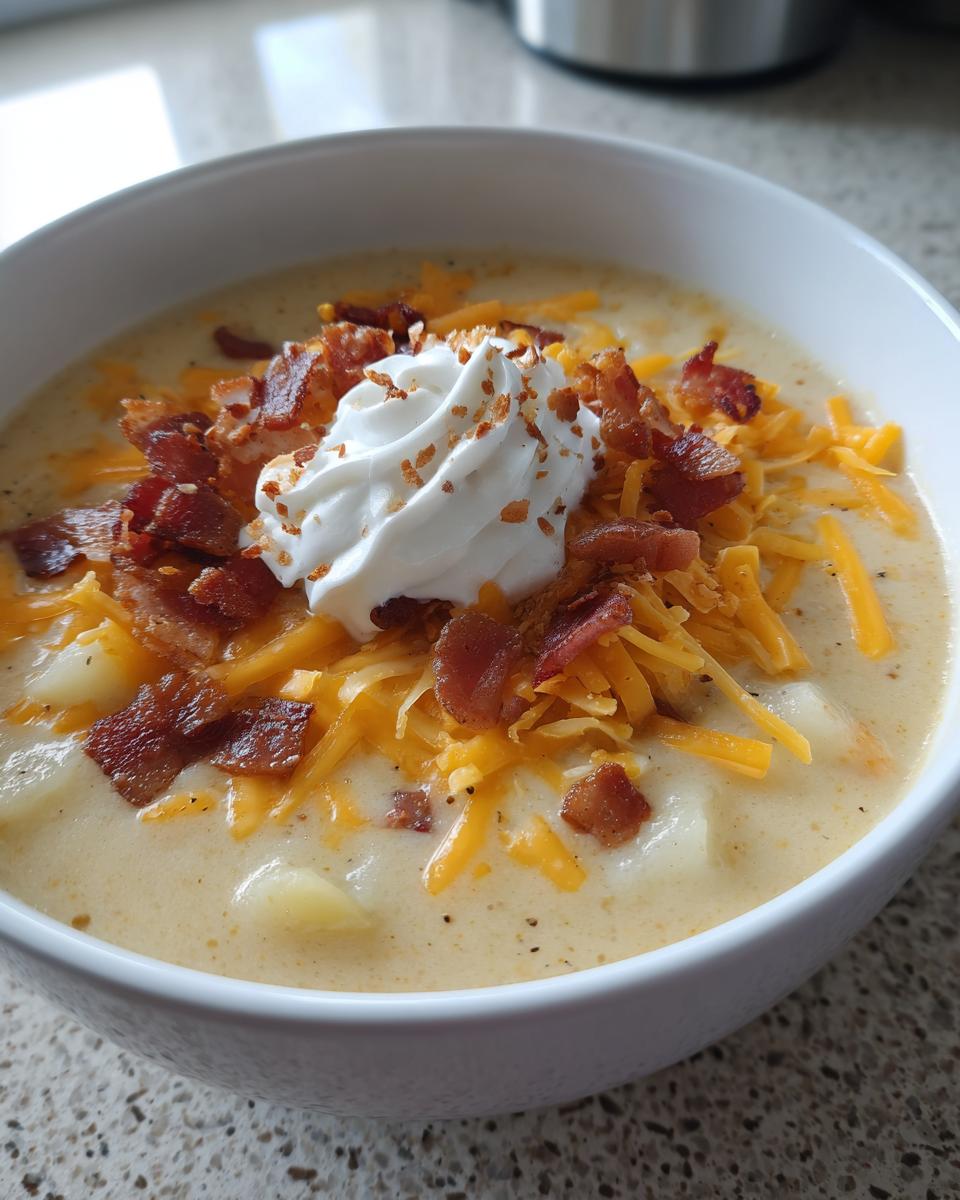 A close-up of a white bowl filled with creamy potato soup, topped with shredded cheddar, bacon bits, and sour cream.