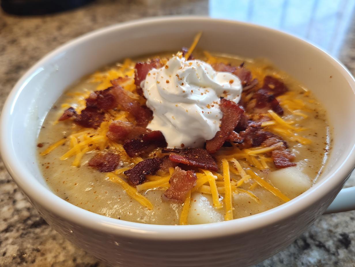 Close-up of a bowl of creamy potato soup topped generously with shredded cheddar, bacon bits, and sour cream.