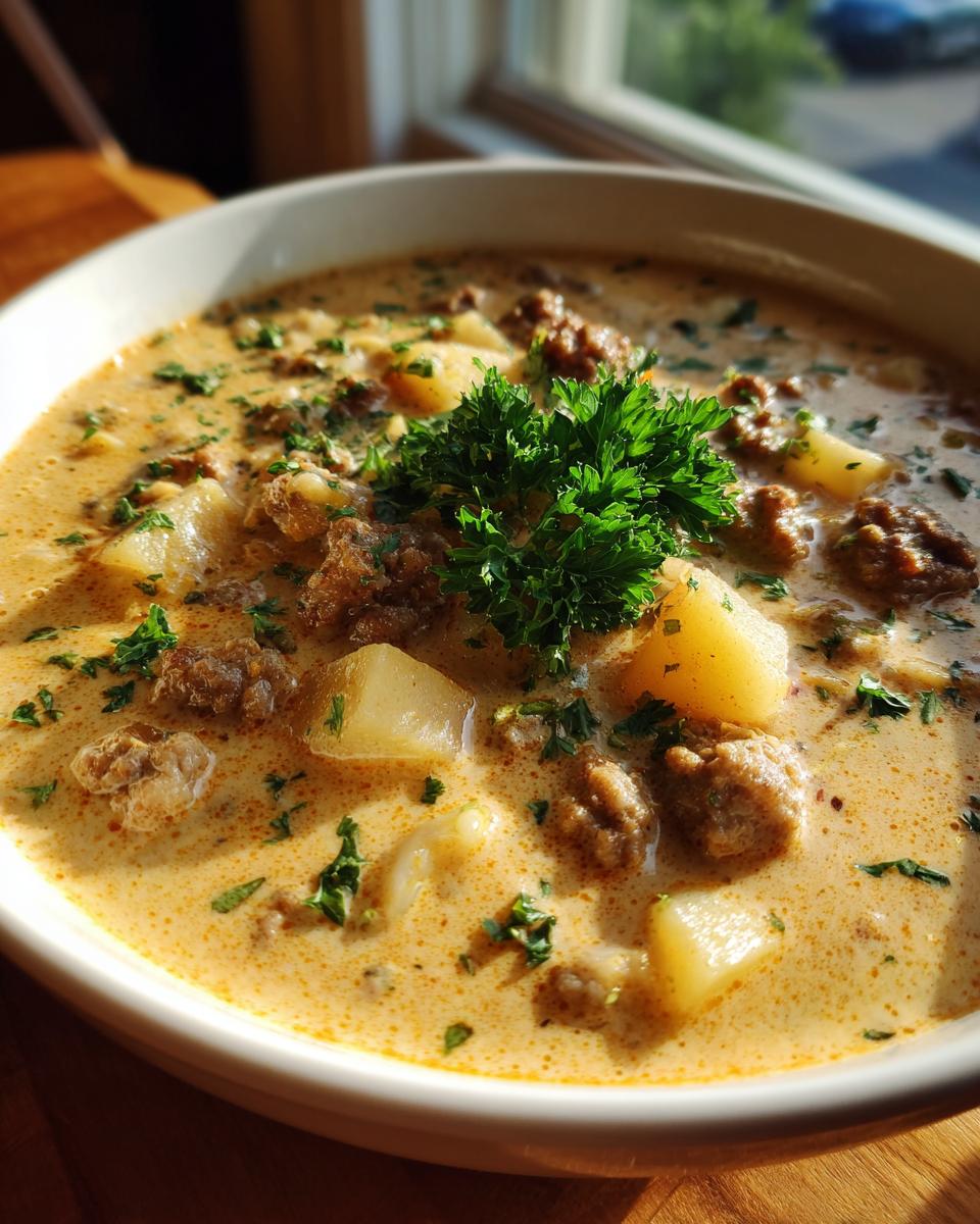 Close-up of creamy sausage potato soup with chunks of potato and sausage, garnished with fresh parsley.