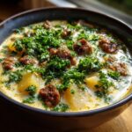 Close-up of a creamy sausage potato soup bowl, featuring chunks of browned sausage and potatoes topped generously with fresh parsley.