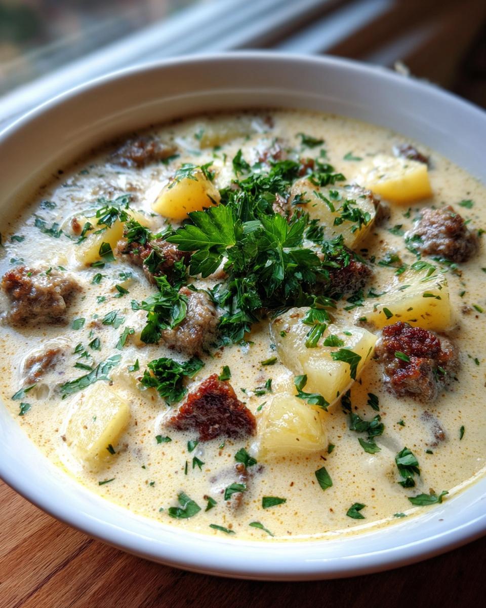 Close-up of a bowl of creamy sausage potato soup, featuring chunks of potato, browned sausage, and fresh parsley garnish.