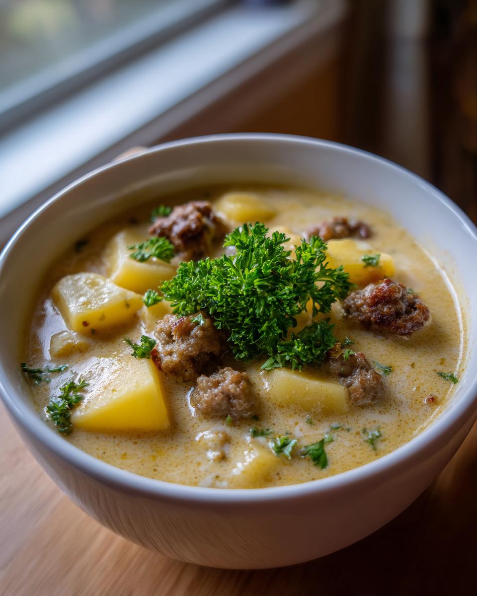Close-up of a creamy sausage potato soup bowl garnished with fresh parsley.