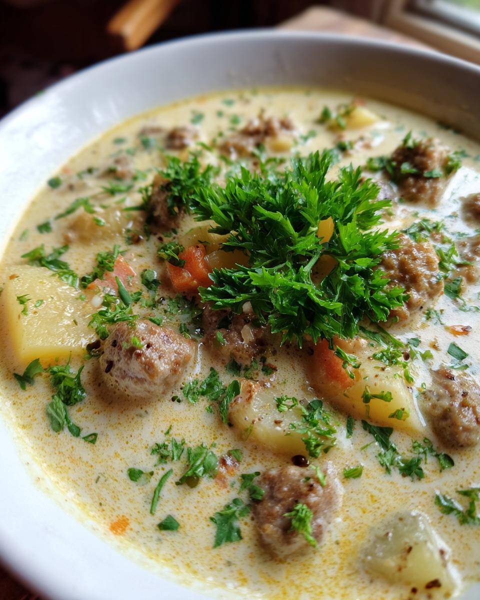 Close-up of a bowl of creamy sausage potato soup, featuring chunks of potato, sausage, and fresh parsley garnish.