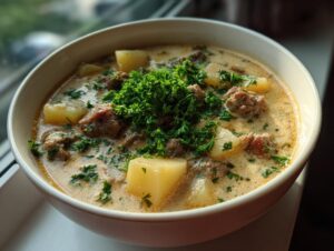 A close-up of creamy sausage potato soup, featuring chunks of potato, browned sausage, and fresh parsley garnish.