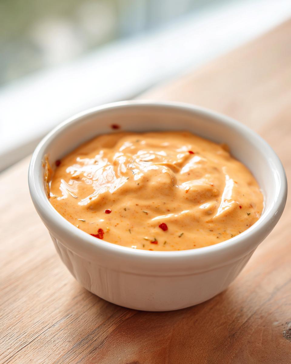 Close-up of creamy, orange-hued smash burger sauce speckled with herbs and red pepper flakes in a white bowl.