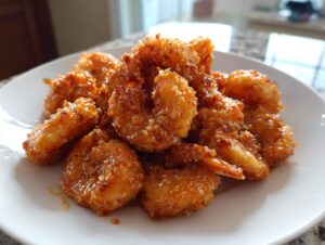 A close-up of a pile of crispy, glazed Bang Bang Shrimp served on a white plate.