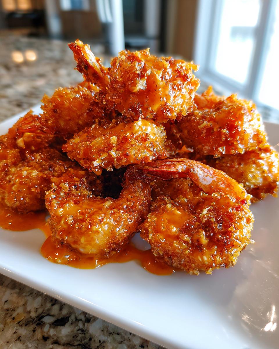 A pile of crispy, deep-fried Bang Bang Shrimp coated in a sweet and spicy orange sauce on a white plate.