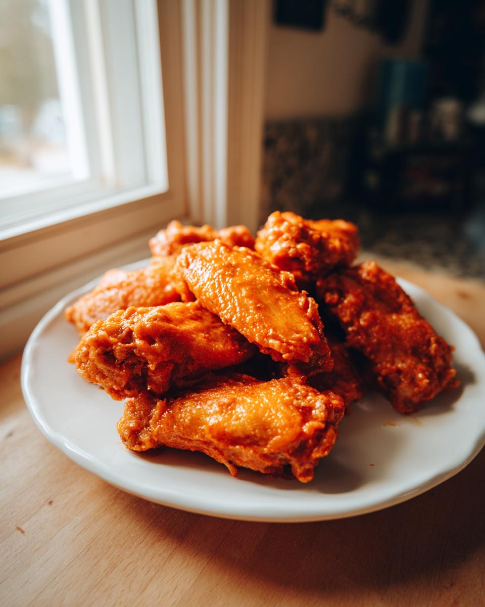 Close-up of crispy, saucy buffalo wings piled on a white plate near a bright window.