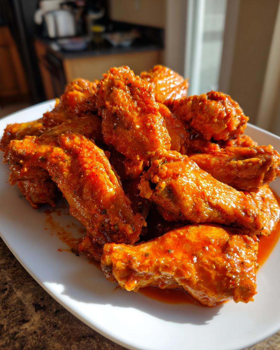 A close-up shot of a white platter piled high with crispy, saucy buffalo wings recipe coated in bright orange sauce.