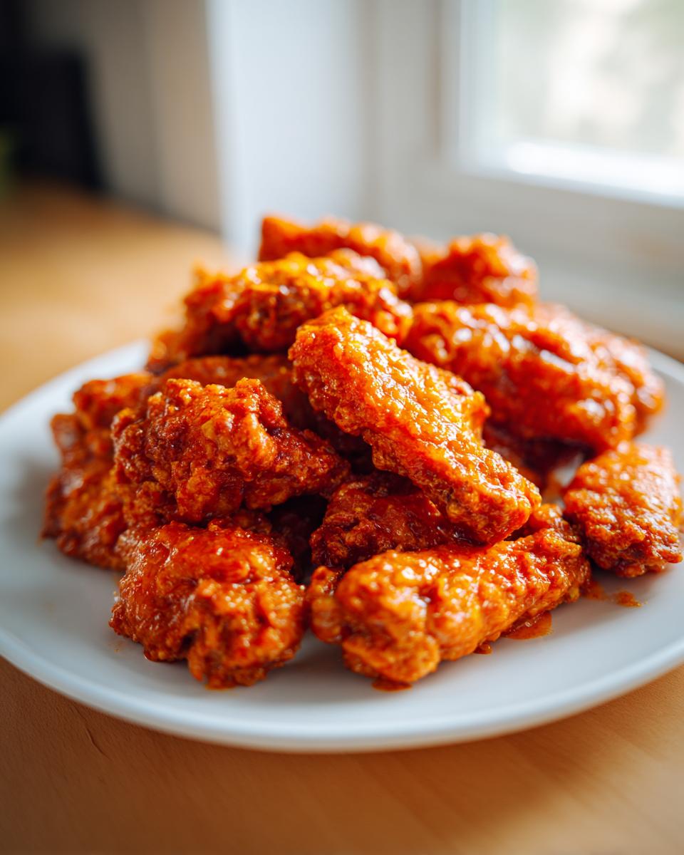 Close-up of a pile of crispy, sauce-covered buffalo wings recipe served on a white plate.